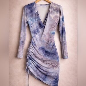 Follow Me Apparel Dress 3X Blue Purple Tie Dye Ruched Side Long Sleeve Dress